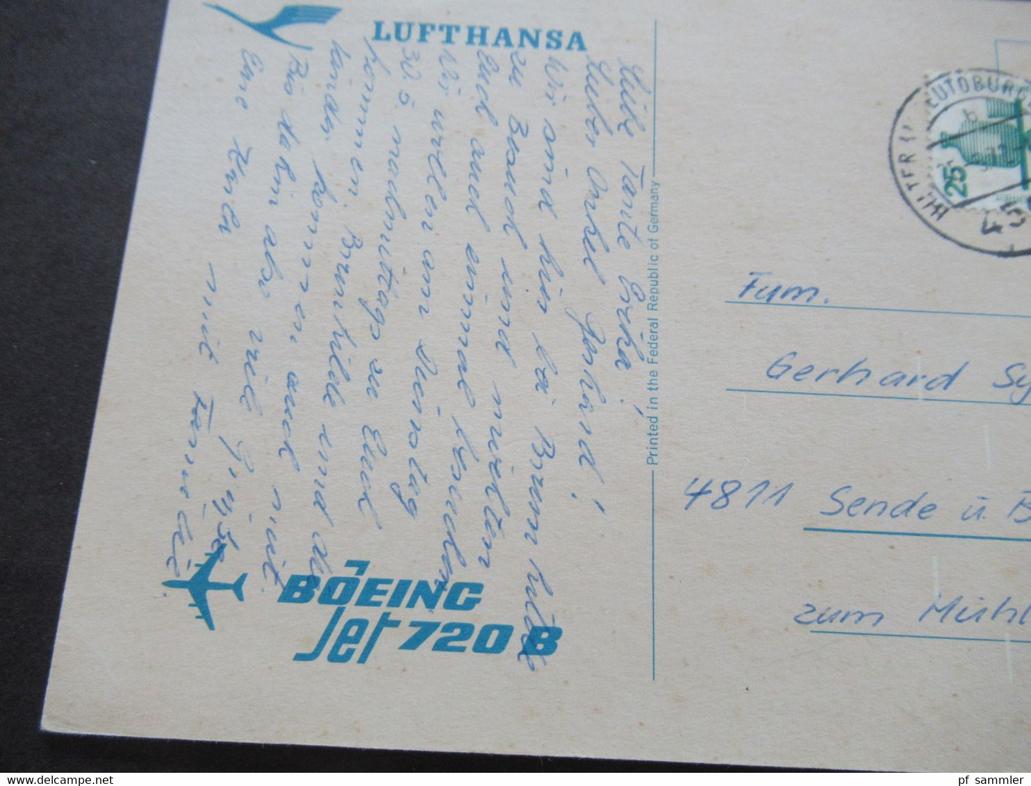 BRD 1977 Motiv PK Flugzeug Lufthansa Boeing Jet 720 B Tagesstempel Hilter Am Teutoburger Wald - 1946-....: Era Moderna