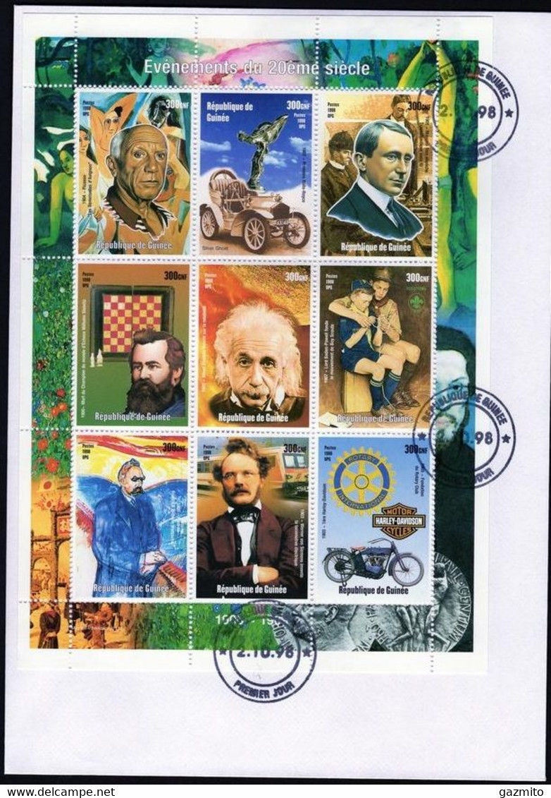 Guinea 1998, 20th Century, Picasso, Car, Chess, Marconi, Rotary, Scout, Einstein, Moto, BF In FDC - Guinea (1958-...)