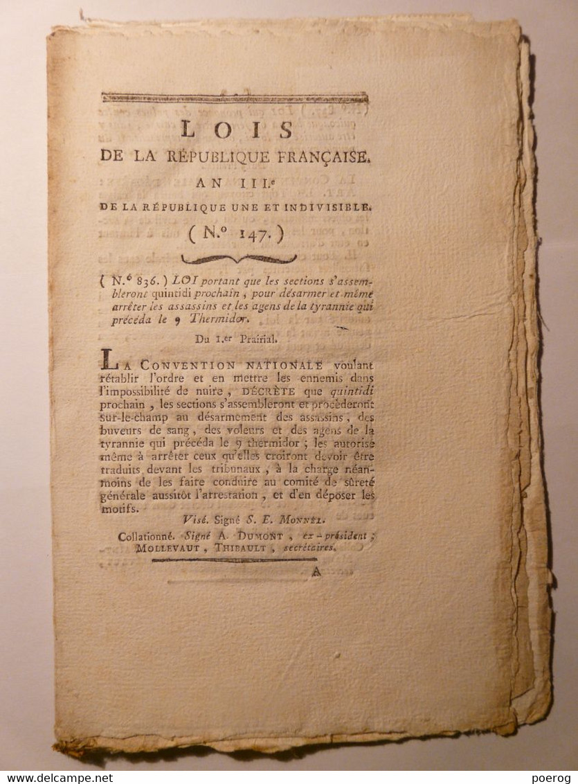 BULLETIN DES LOIS De 1795 - PRAIRIAL AN III - ASSASSINAT FERAUD FACTION FAUBOURG ANTOINE REPRESSION INTERDICTION FEMMES - Gesetze & Erlasse
