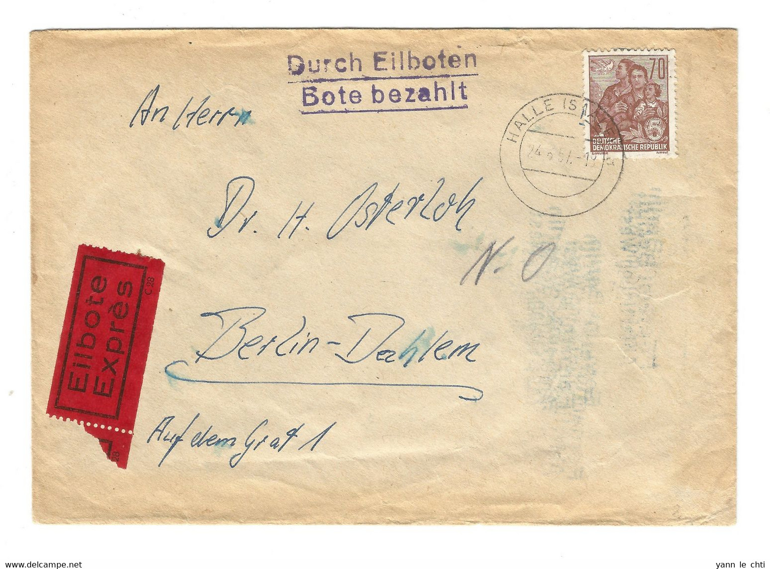 DDR Eilboten Brief Bote Bezahlt EF 70 Pfg. Fünfjahrplan Halle Nach Berlin 1957 - Briefe U. Dokumente