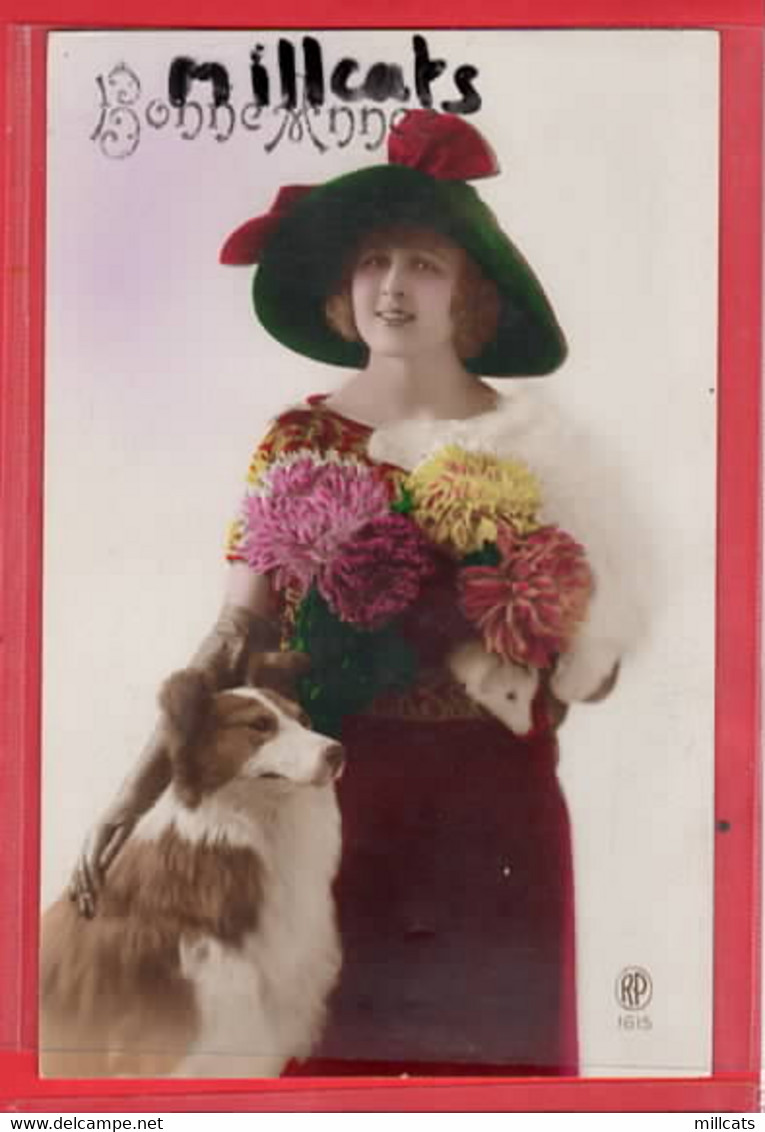 FASHION     BONNET HAT EDWARDIAN LADY WITH DOG  TINTED RP - Mode