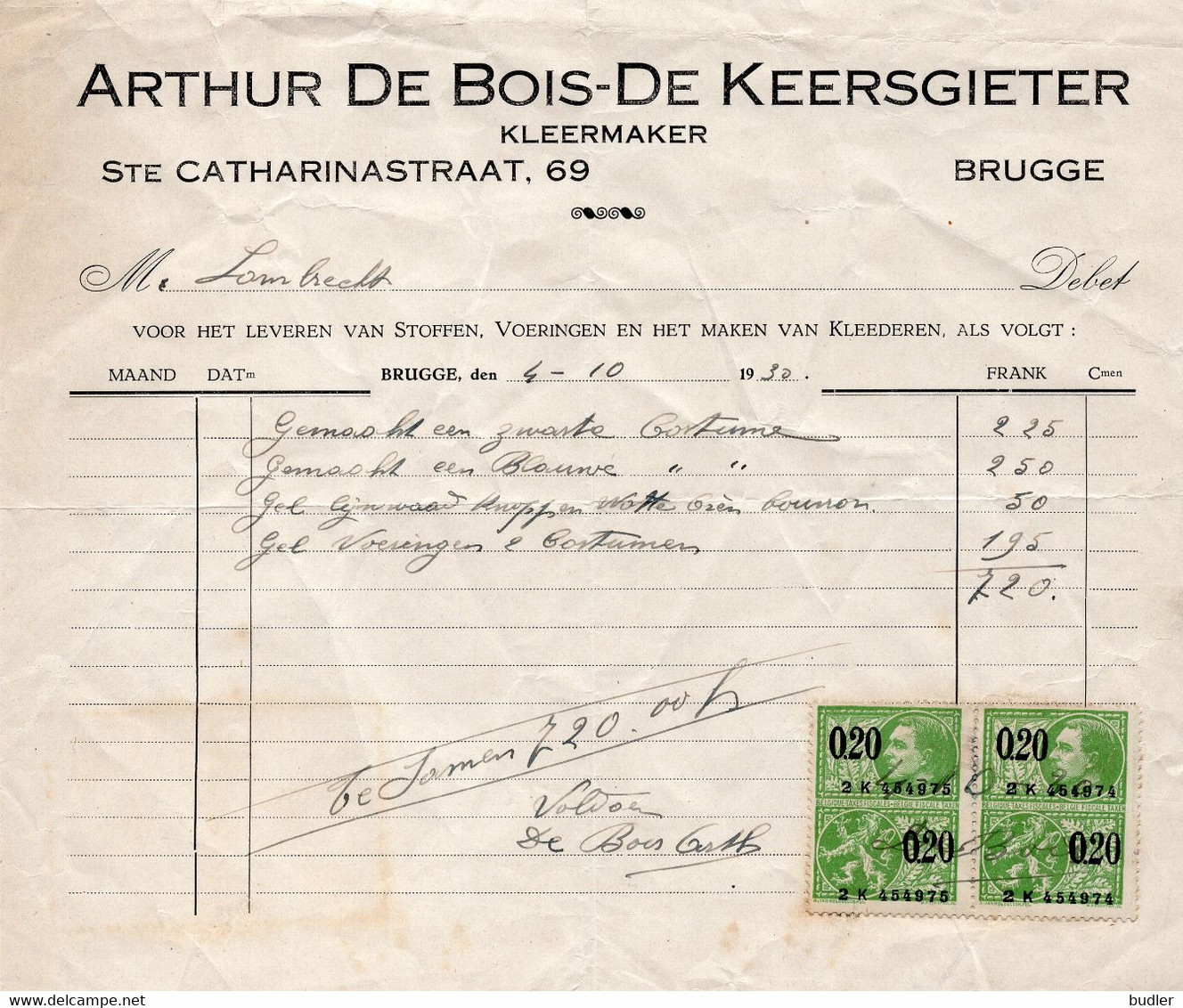 1930: Factuur Van ## Arthur De Bois-De Keersgieter, Kleermaker, Ste. Catharinestraat, 69, Brugge ## Aan ## Mr. Lambrecht - Kleidung & Textil