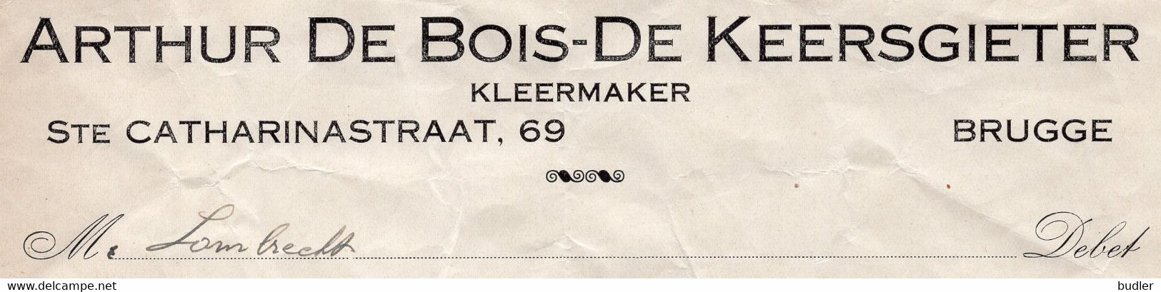 1930: Factuur Van ## Arthur De Bois-De Keersgieter, Kleermaker, Ste. Catharinestraat, 69, Brugge ## Aan ## Mr. Lambrecht - Vestiario & Tessile