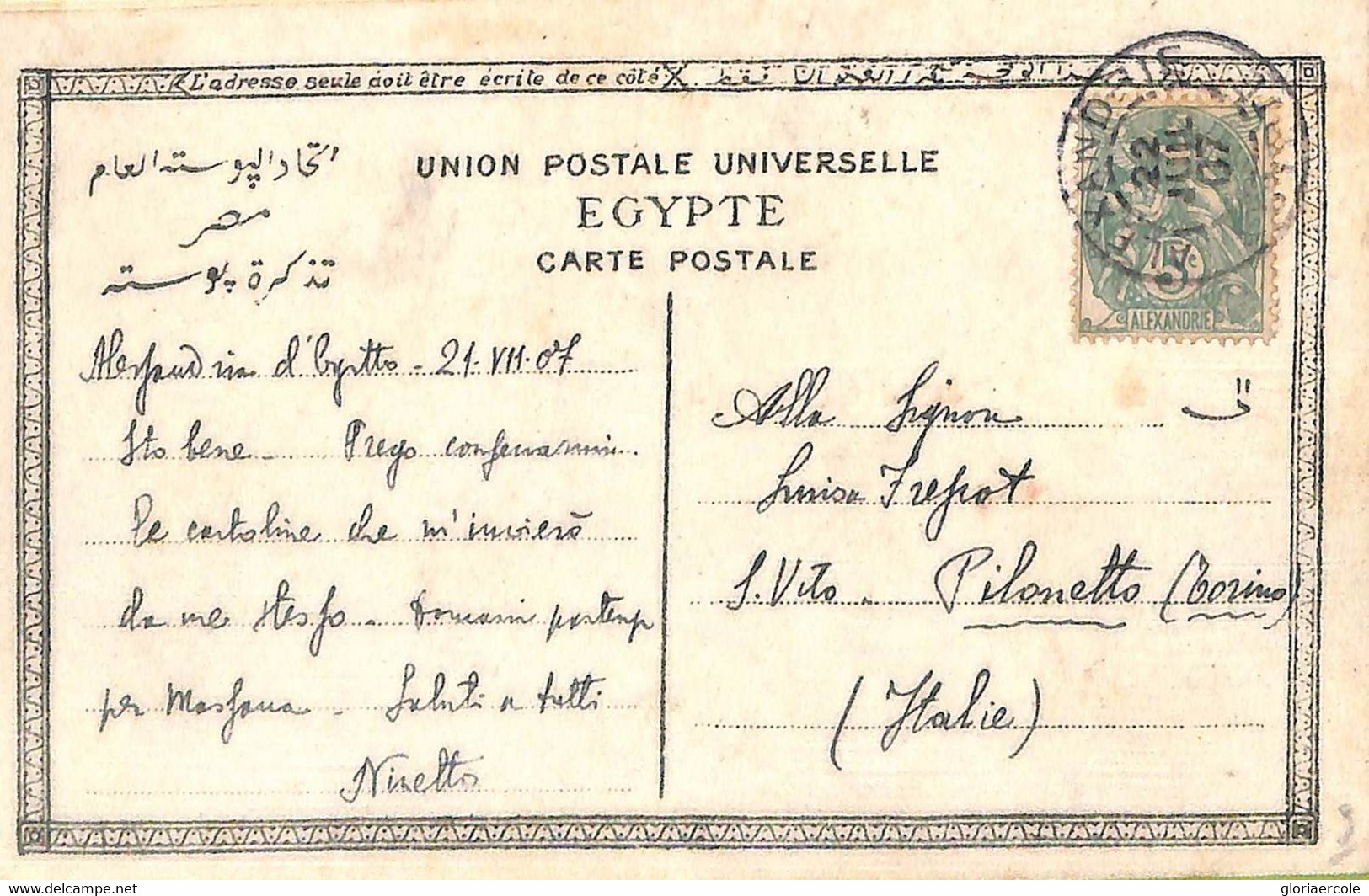 Ac6588 - ALEXANDRIE Egypt - Postal History -  POSTCARD To ITALY  1907 - Briefe U. Dokumente