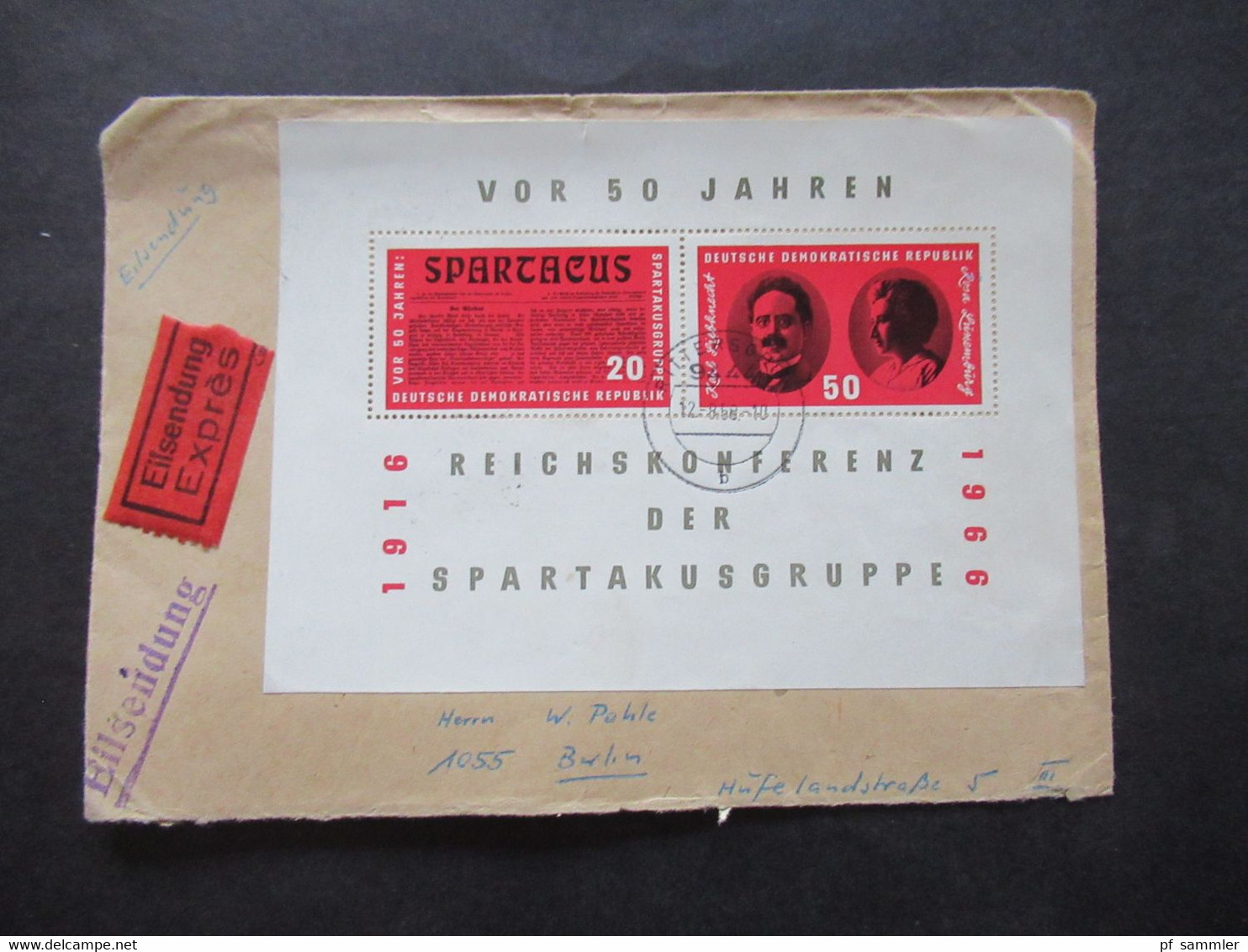 DDR 1966 / 68 Block 25 EF Reichskonferenz Spartakusgruppe Eilsendung Expres Rittersgrün - Berlin / Bahnpost Stp.Zug 1073 - Briefe U. Dokumente