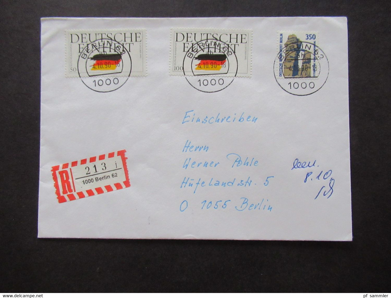 4.10.1990 Berlin (West) Freimarken Sehenswürdigkeiten Nr.835 MiF Mit Deutsche Einheit Einschreiben Berlin 61 Ortsbrief - Cartas & Documentos