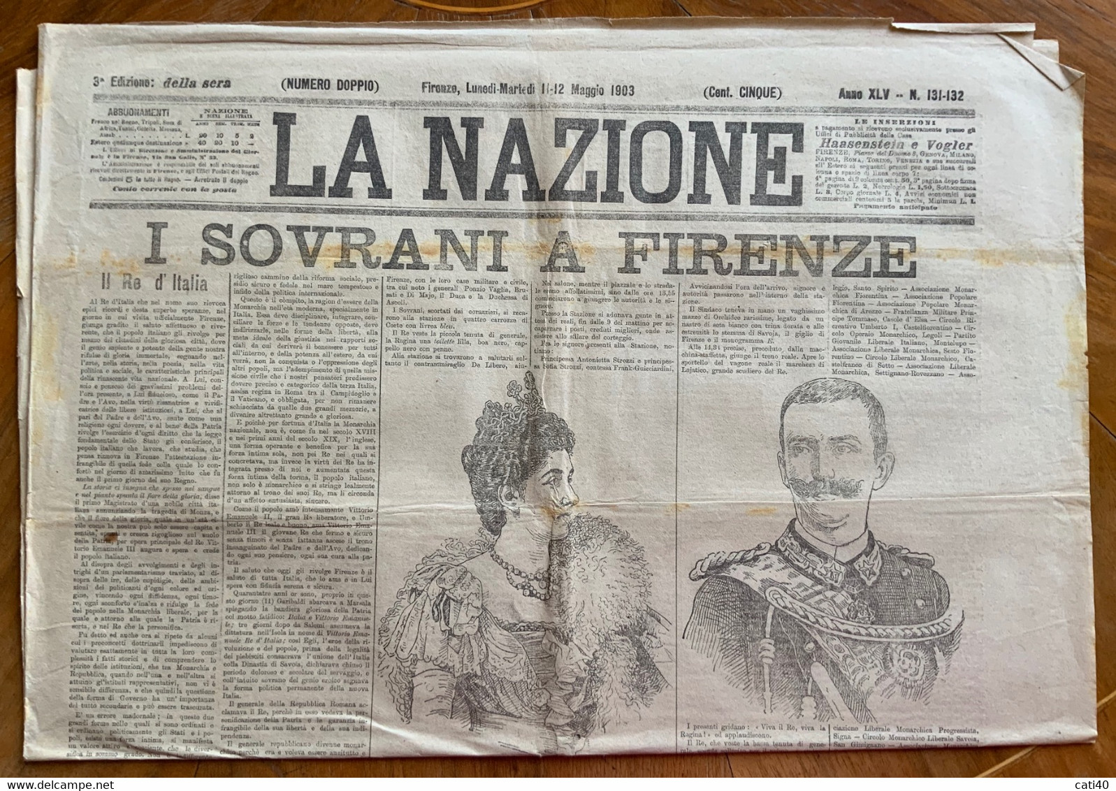 GIORNALE - LA NAZIONE Del 11.12 MAGGIO 1903 - I SOVRANI A FIRENZE - EDIZIONE SPECIALE CON RARA PUBBLICITA' D'EPOCA - Erstauflagen