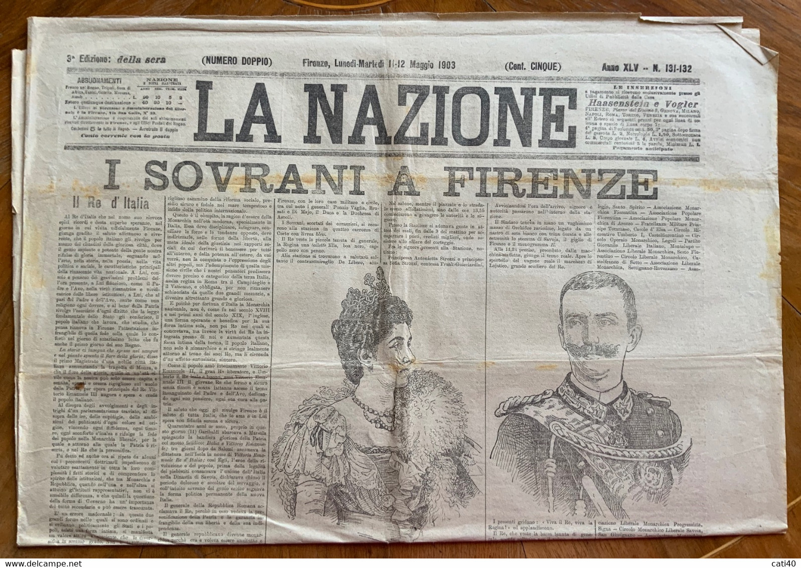 GIORNALE - LA NAZIONE Del 11.12 MAGGIO 1903 - I SOVRANI A FIRENZE - EDIZIONE SPECIALE CON RARA PUBBLICITA' D'EPOCA - First Editions