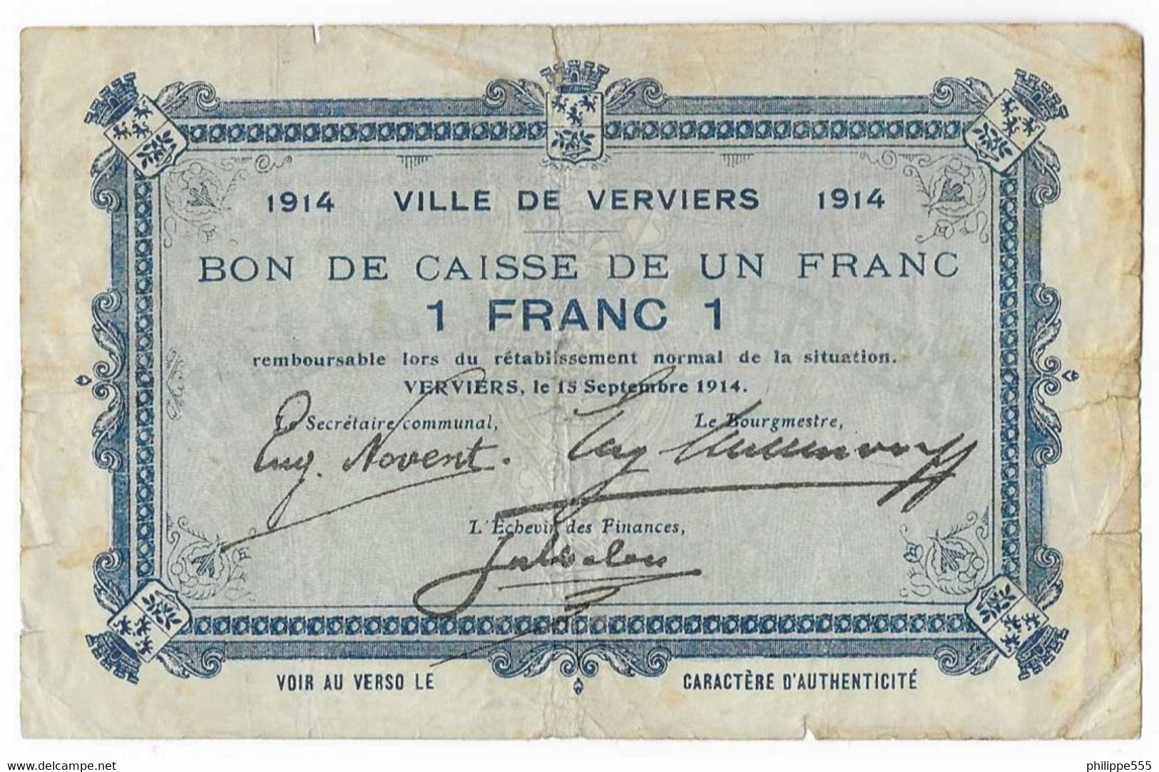 Noodgeld 1 Franc Verviers - 1-2 Francs