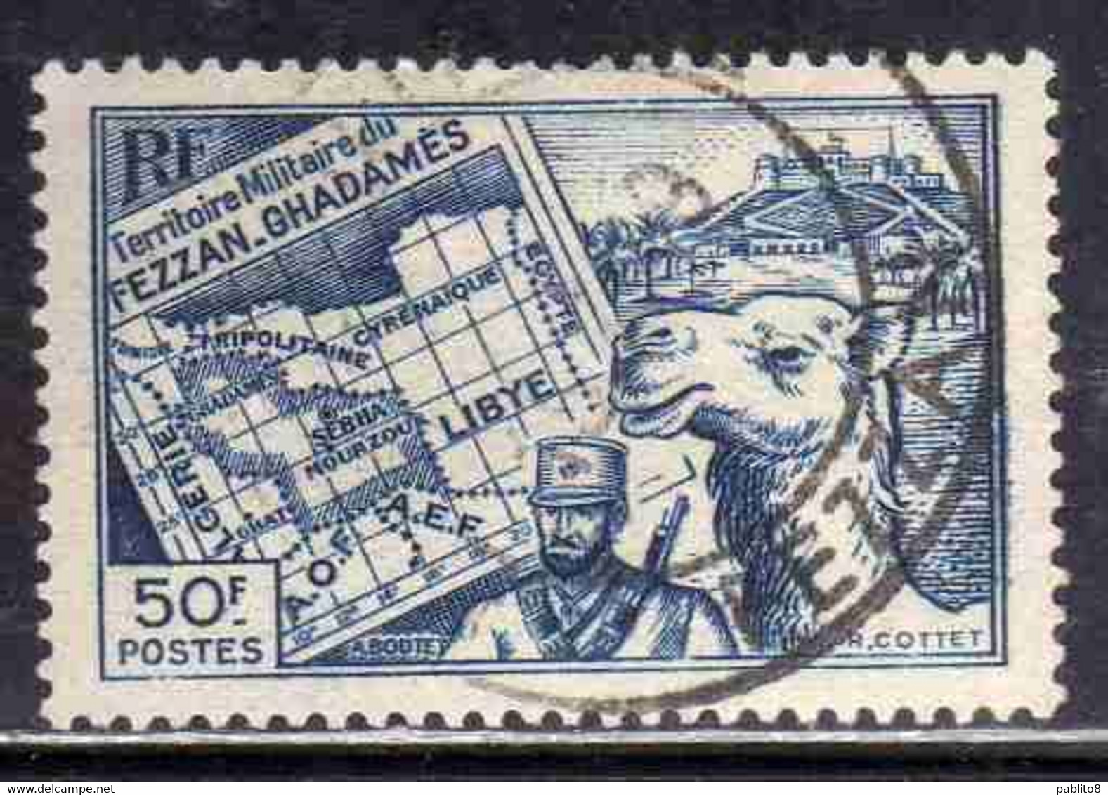 FEZZAN E GHADAMES 1946 TERRITORIO MILITARE MILITAIRE CARTA E MEHARISTA MAP F 50f USATO USED OBLITERE' - Unused Stamps