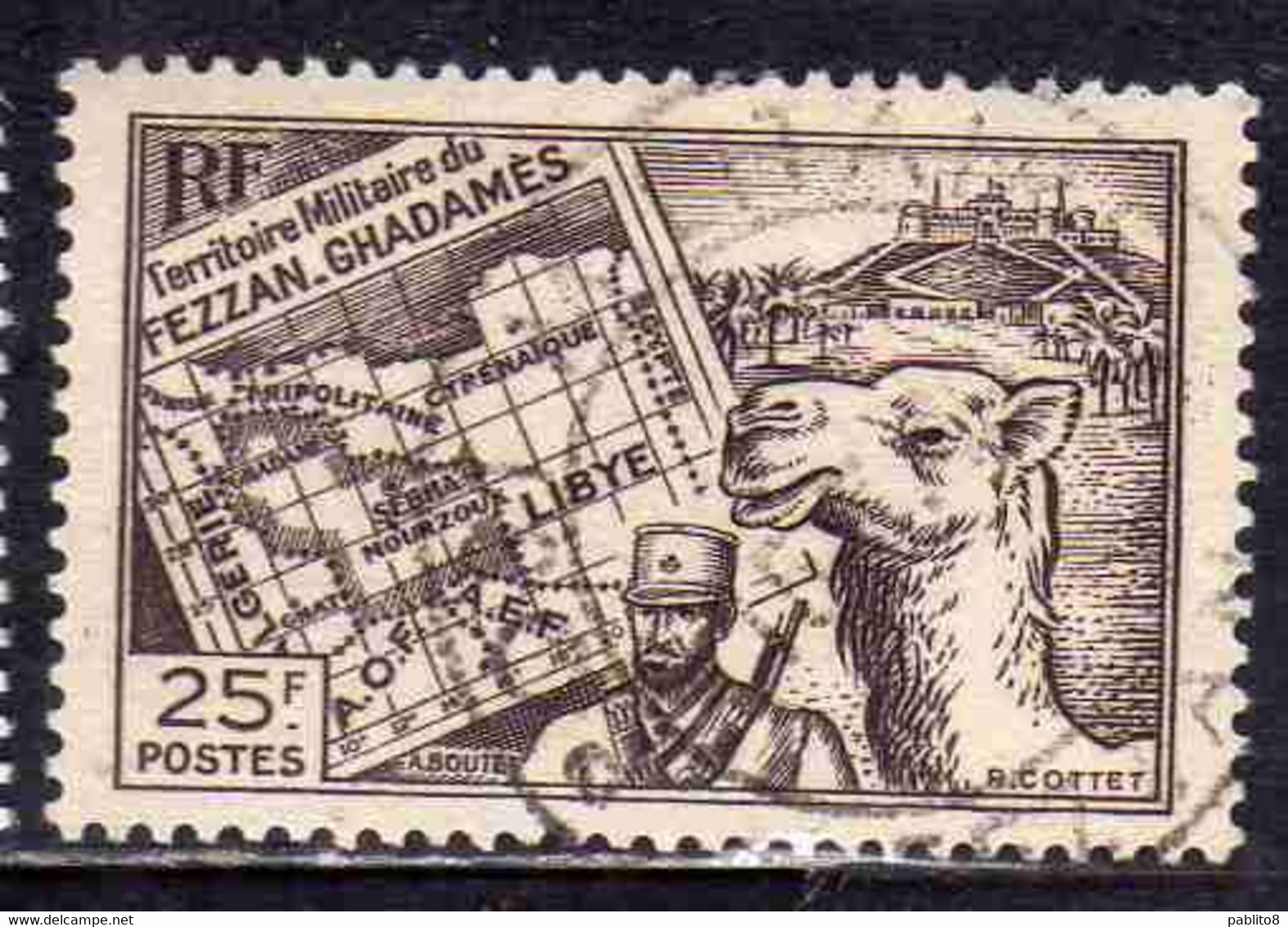 FEZZAN E GHADAMES 1946 TERRITORIO MILITARE MILITAIRE CARTA E MEHARISTA MAP 25f USATO USED OBLITERE' - Unused Stamps