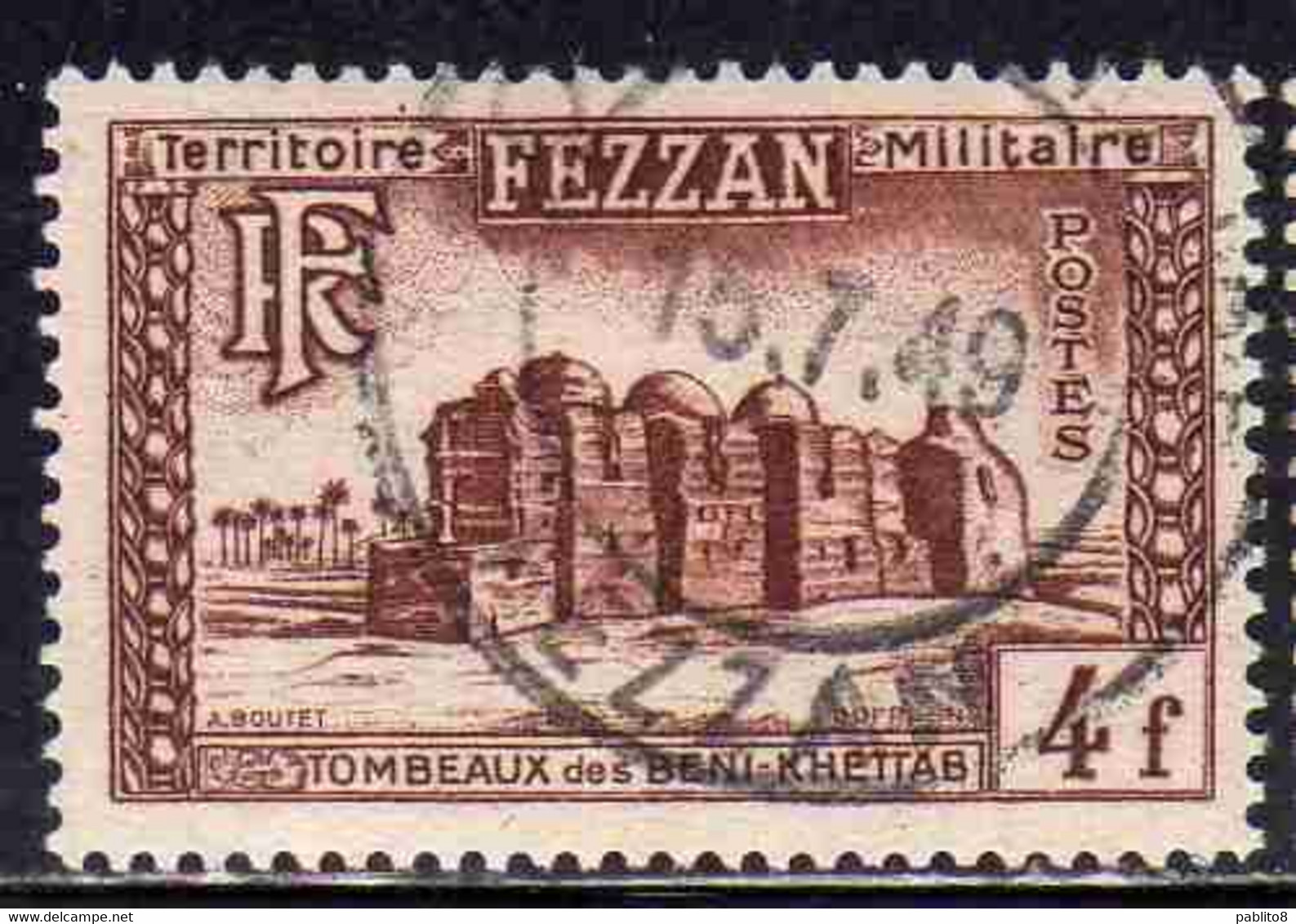 FEZZAN 1949 TERRITORIO MILITARE MILITAIRE TOMBA DI BENI KHETTAB 4f USATO USED OBLITERE' - Unused Stamps