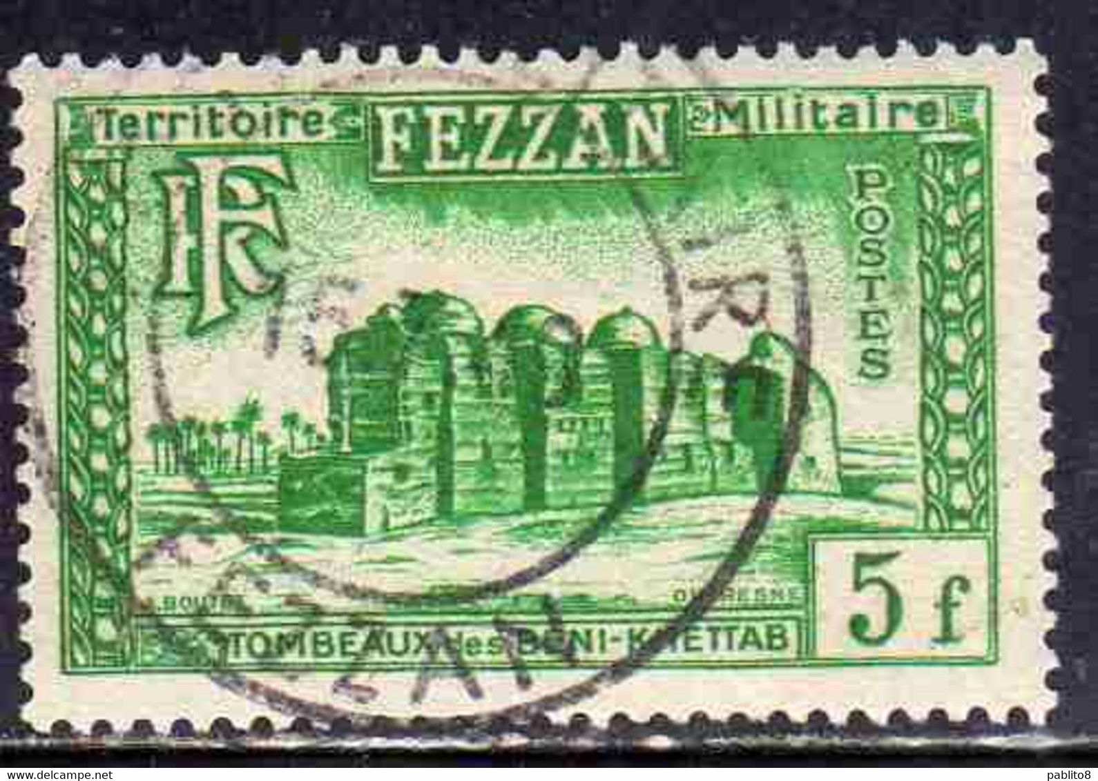 FEZZAN 1949 TERRITORIO MILITARE MILITAIRE TOMBA DI BENI KHETTAB 5f USATO USED OBLITERE' - Unused Stamps