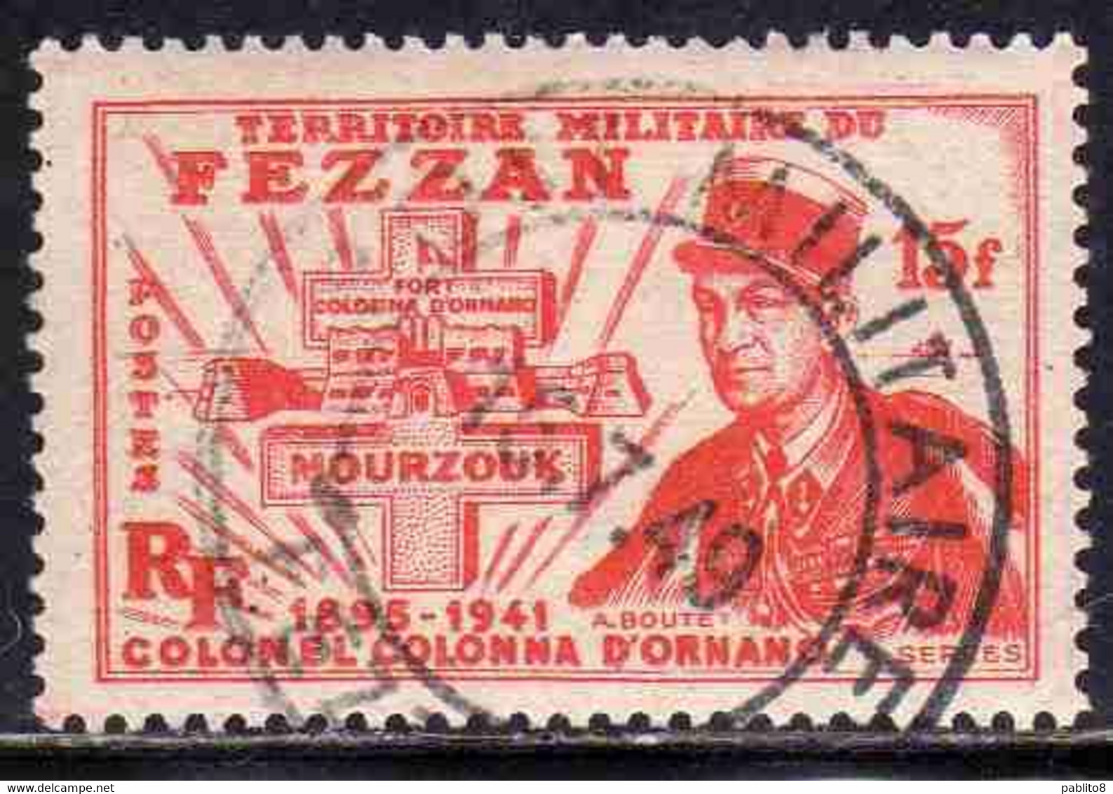 FEZZAN 1949 TERRITORIO MILITARE MILITAIRE COLONNELLO COLONNA D'OMANO 15f USATO USED OBLITERE' - Unused Stamps