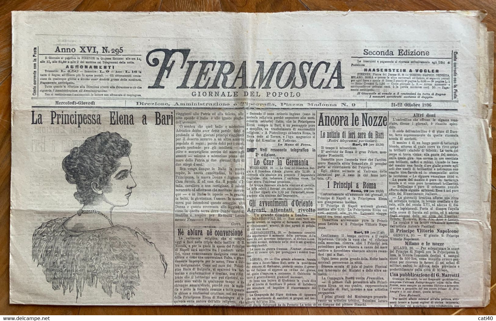 FIERAMOSCA GIORNALE DEL POPOLO Del 21-22/10/1896  : LA PRINCIPESSA ELENA A BARI ... CON RARE PUBBLICITA' - COMPLETO - Prime Edizioni