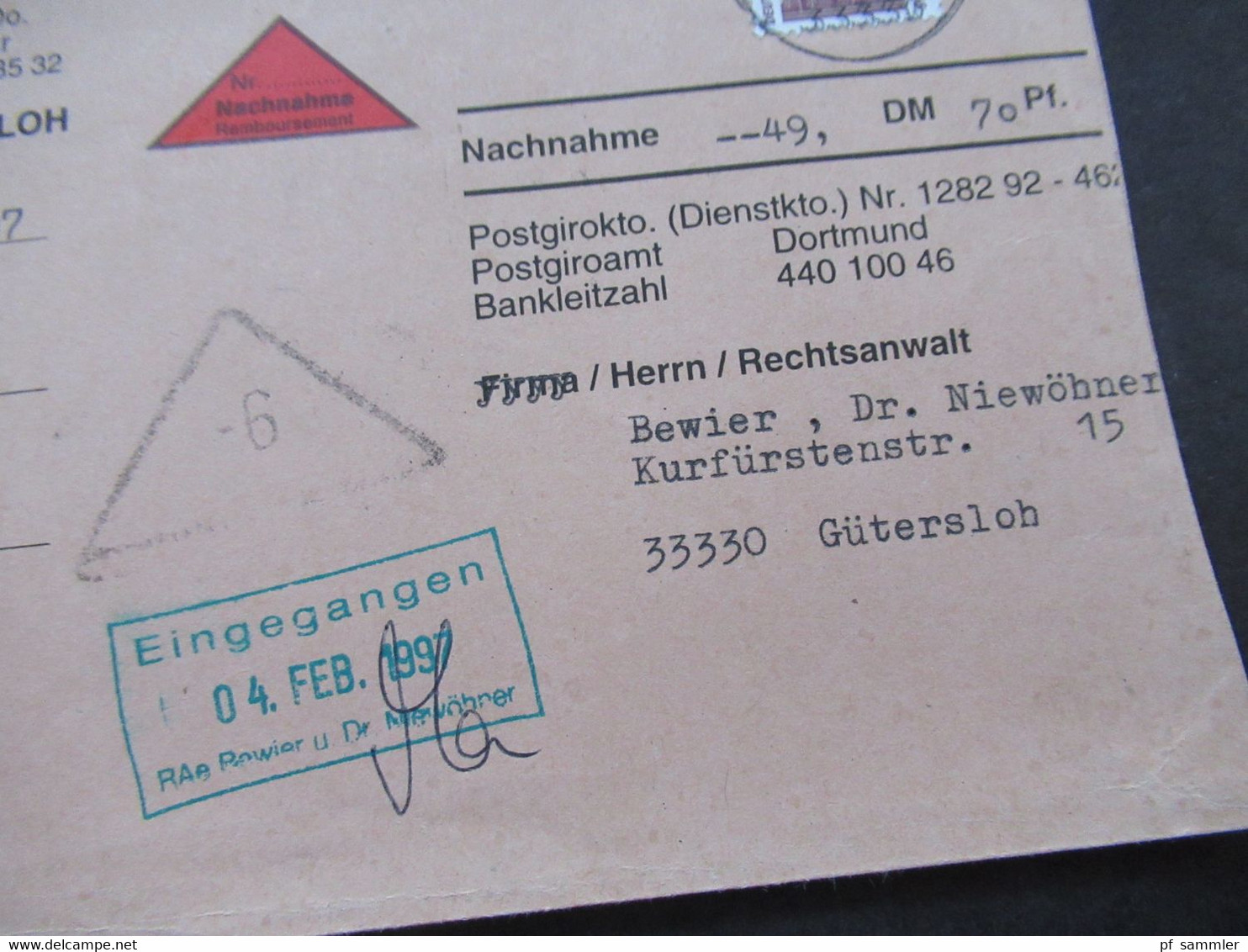 BRD 1997 Sehenswürdigkeiten Nr.1679 EF Nachnahme Beleg Obergerichtsvollzieher Aus Gütersloh / Ortsbrief - Briefe U. Dokumente