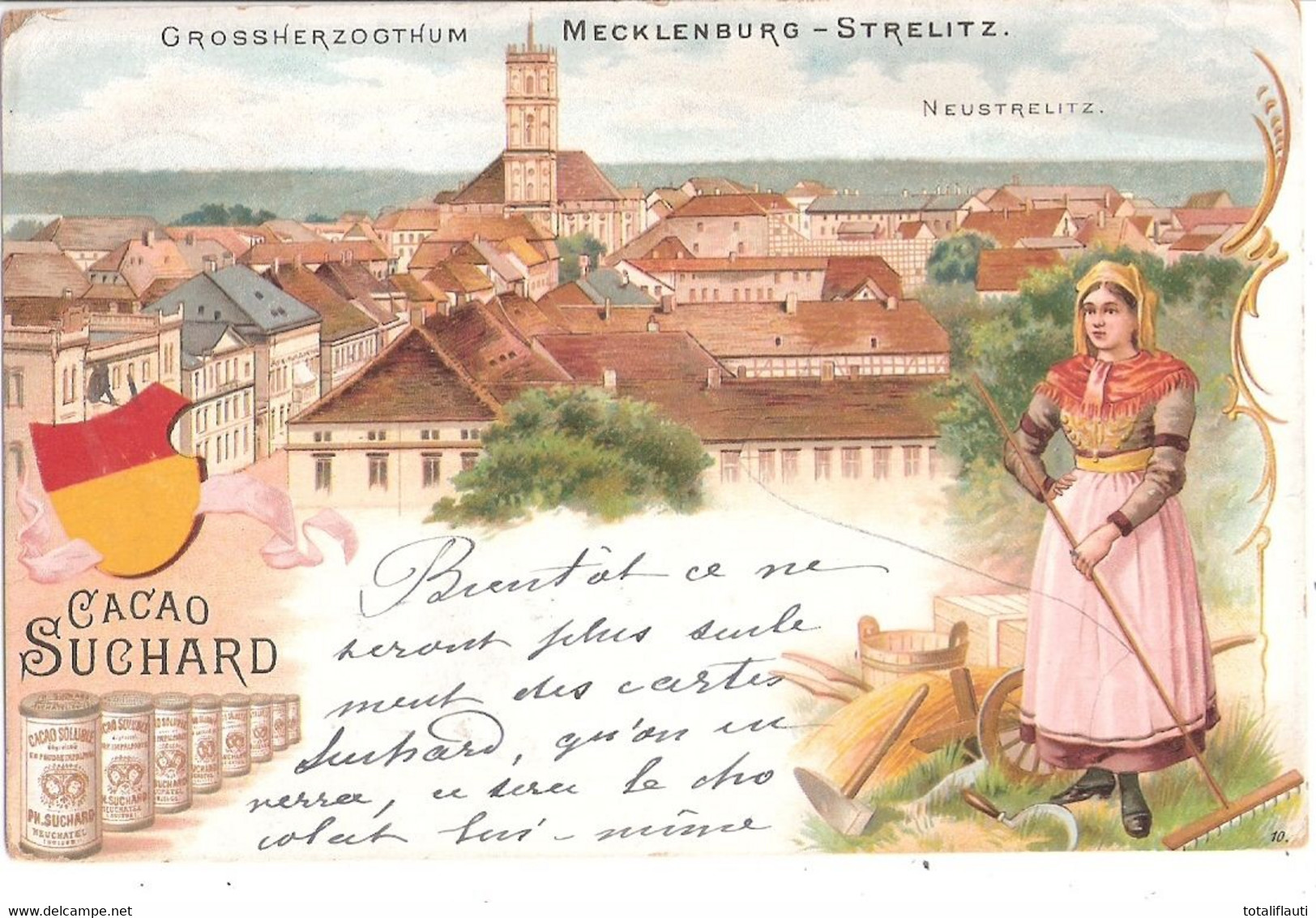 Neustrelitz Mecklenburg Color Litho Werbe Karte SUCHARD CACAO Dame In Tracht Gelaufen 23.11.1903 - Neustrelitz