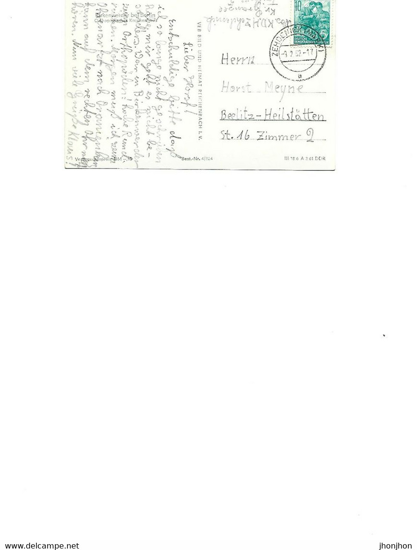 Germany - Postcard Used  1962 -  Birkenwerder Near Berlin. Orthopedic Hospital  - 2/scans - Birkenwerder