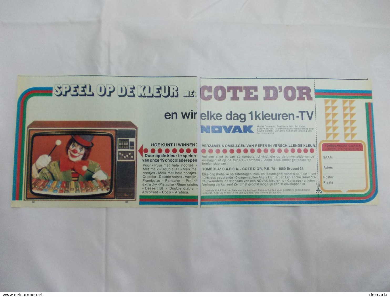 Reclame Uit Oud  Magazine Jaren 1969 - Côte D'Or Chocola - Speel Op De Kleur - Novak TV - Cioccolato