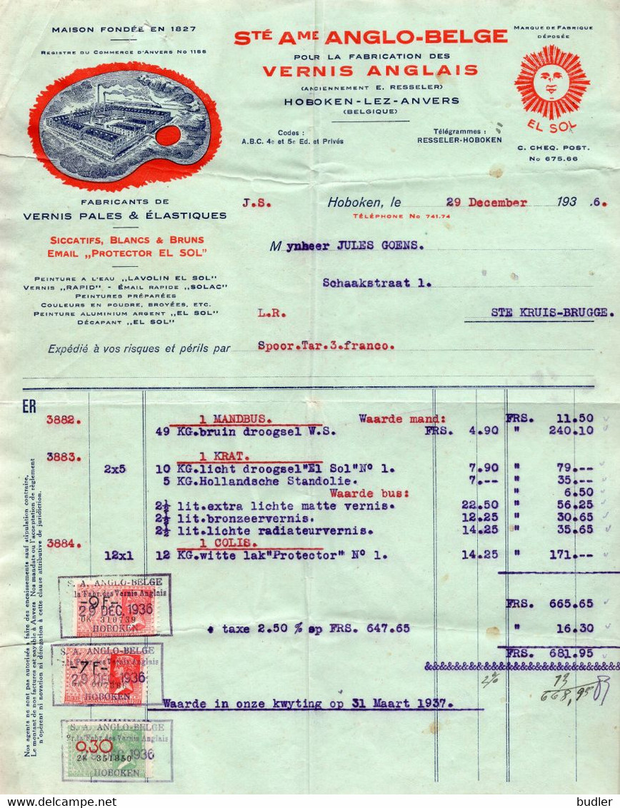 1936:Factuur Van ## S.A. ANGLO-BELGE, HOBOKEN-lez-Anvers ## Aan ## Mr. Jules GOENS, Schaakstraat, 1, St. Kruis-Brugge ## - Profumeria & Drogheria