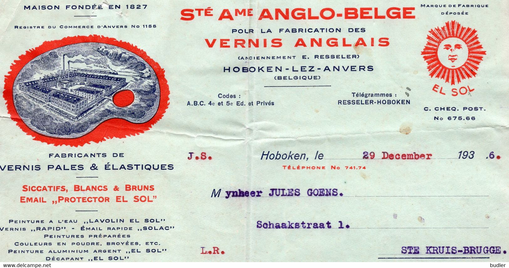 1936:Factuur Van ## S.A. ANGLO-BELGE, HOBOKEN-lez-Anvers ## Aan ## Mr. Jules GOENS, Schaakstraat, 1, St. Kruis-Brugge ## - Chemist's (drugstore) & Perfumery