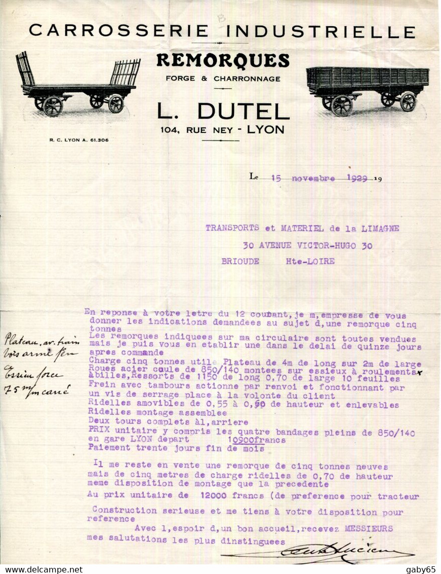 FACTURE.LYON.CARROSSERIE INDUSTRIELLE.REMORQUES.FORGE & CHARRONNAGE.L.DUTEL 104 RUE NEY. - Autres & Non Classés