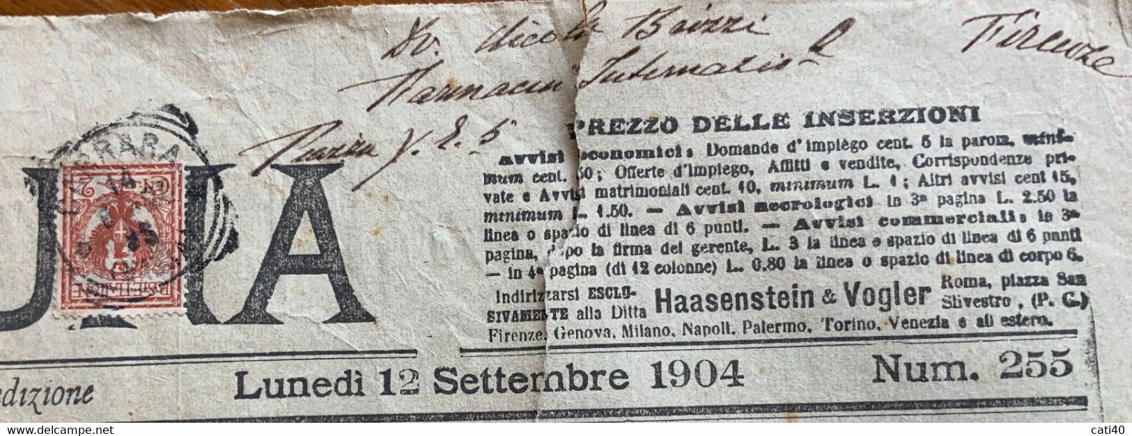 IL GIORNALE  LA TRIBUNA Del 12/9/1904.. CON RARE PUBBLICITA' D'EPOCA _ Inviato Per Posta - First Editions