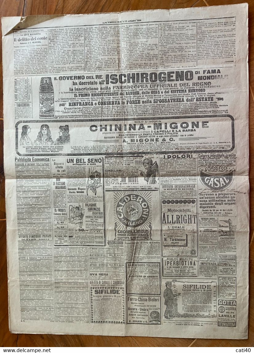 IL GIORNALE  LA TRIBUNA Del 12/9/1904.. CON RARE PUBBLICITA' D'EPOCA _ Inviato Per Posta - First Editions