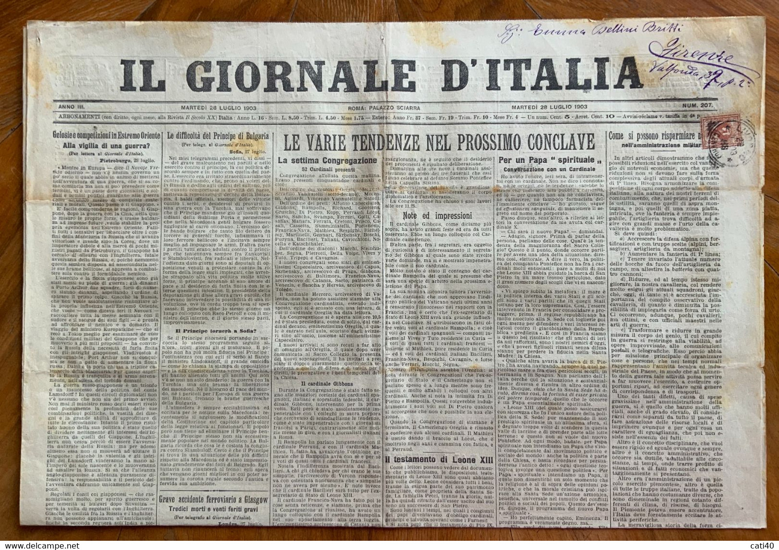 IL GIORNALE D'ITALIA Del 26/7/1903 ..LE VARIE TENDENZE PER IL PROSSIMO  CONCLAVE.. RARE PUBBLICITA' D'EPOCA - Prime Edizioni