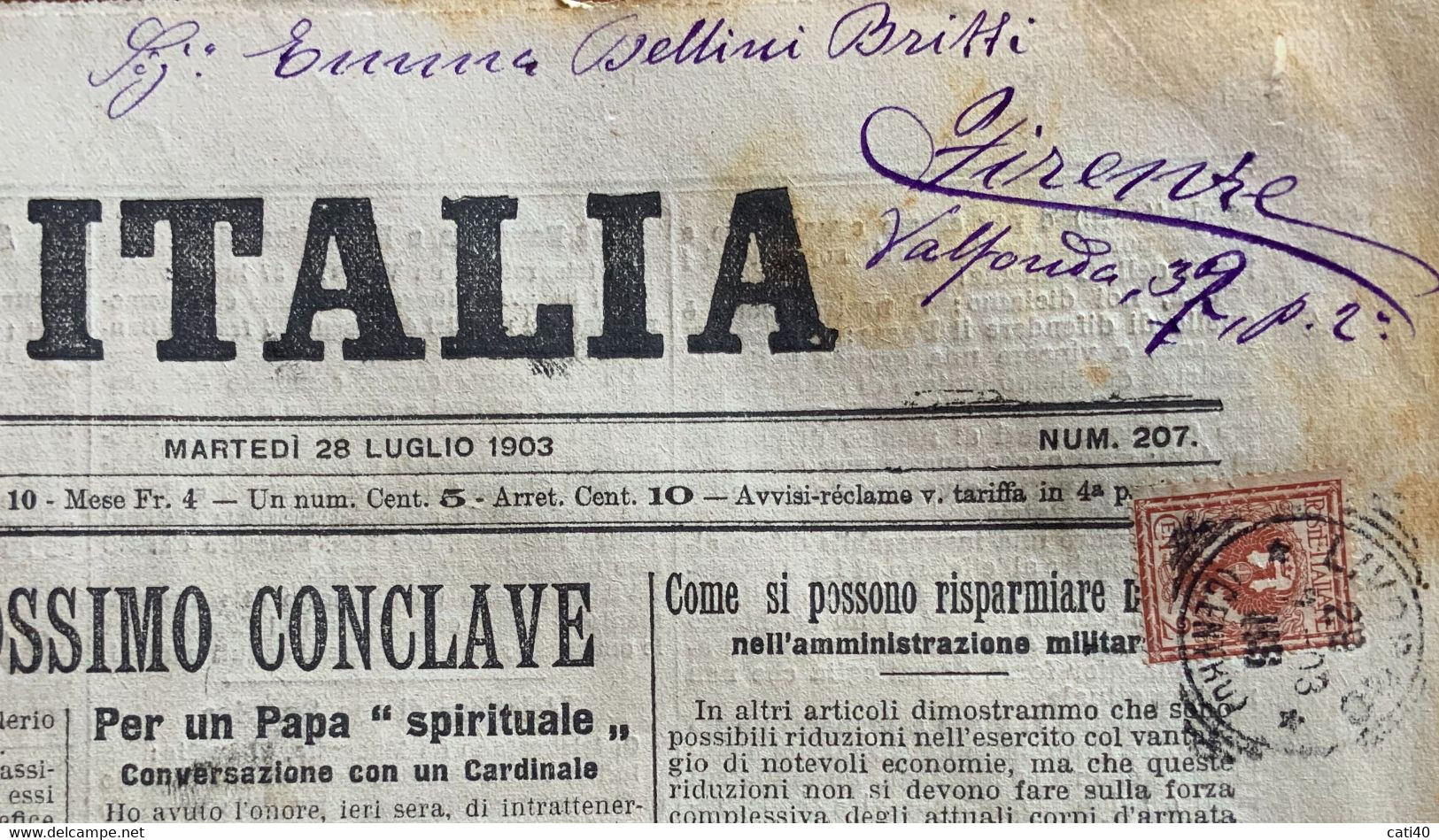 IL GIORNALE D'ITALIA Del 26/7/1903 ..LE VARIE TENDENZE PER IL PROSSIMO  CONCLAVE.. RARE PUBBLICITA' D'EPOCA - First Editions