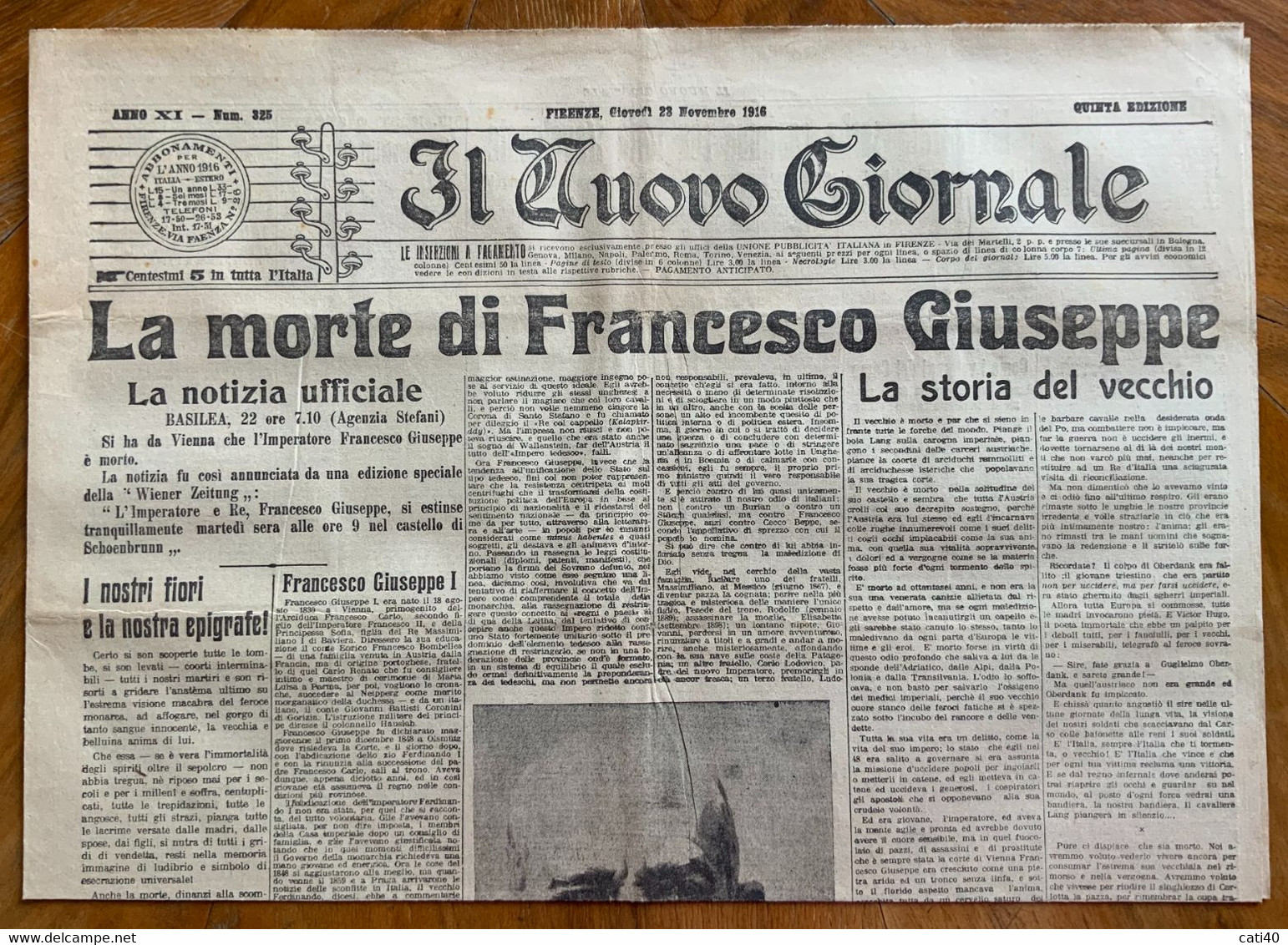 IL NUOVO GIORNALE Del 23/11/1916 : LA MORTE DI FRANCESCO GIUSEPPE .... RARE PUBBLICITA' D'EPOCA - Prime Edizioni