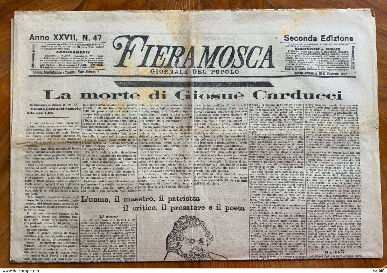 FIERAMOSCA IL GIORNALE DEL POPOLO Del 16-17/2/1907 :LA MORTE DI GIOSUE' CARDUCCI ....CON RARE INSERZIONI PUBBLICITARIE - First Editions