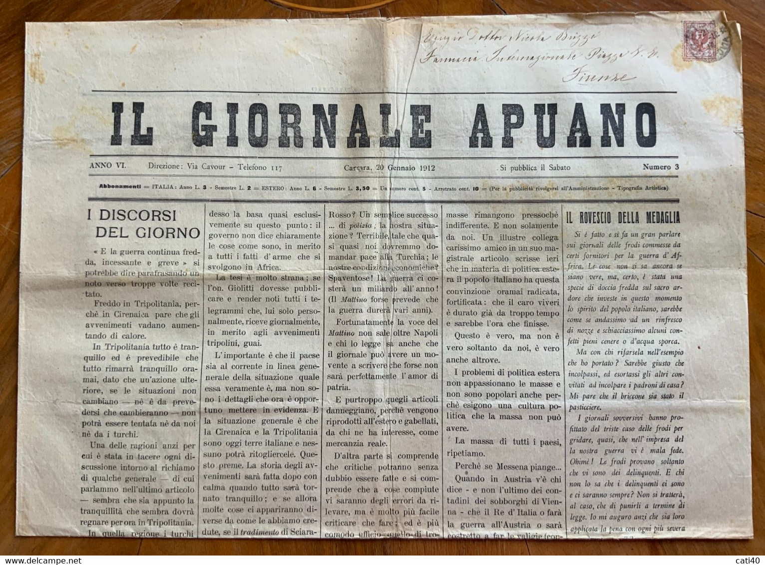 CARRARA - IL GIORNALE APUANO Del 20/1/1912 CRONACHE LOCALI   ....CON RARE INSERZIONI PUBBLICITARIE -INVIATO POER POSTA - First Editions