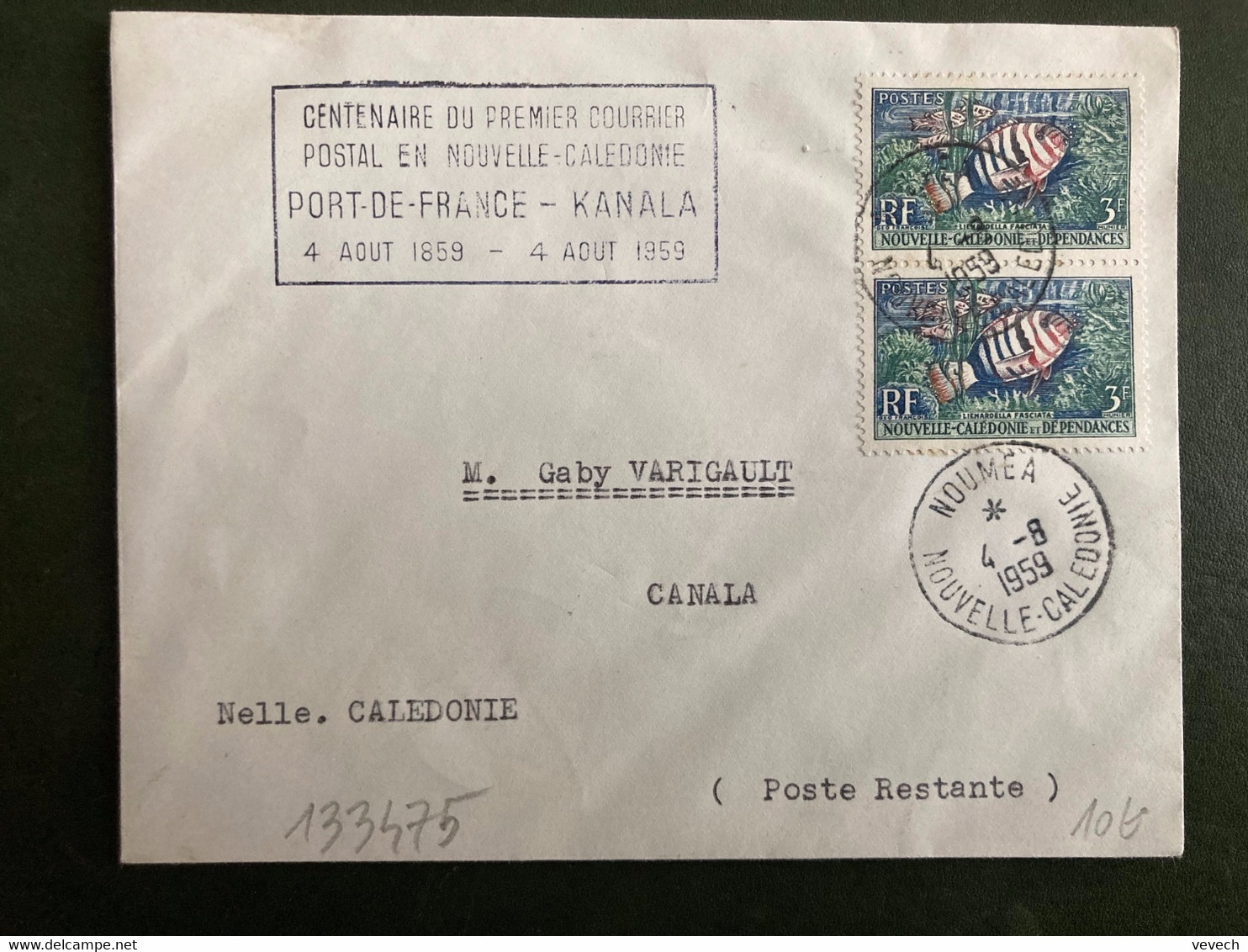 LETTRE TP POISSON 3F Paire OBL.4-8 1959 NOUMEA + CENTENAIRE DU PREMIER COURRIER POSTAL EN NOUVELLE CALEDONIE - Storia Postale