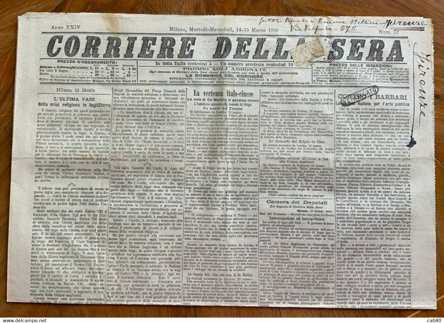 IL CORRIERE DELLA SERA Del 14-15/3/1899 ....CON RARE INSERZIONI PUBBLICITARIE -INVIATO POER POSTA CON ETICHETTA GRAFICA - First Editions