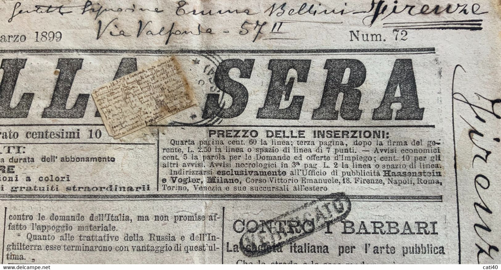 IL CORRIERE DELLA SERA Del 14-15/3/1899 ....CON RARE INSERZIONI PUBBLICITARIE -INVIATO POER POSTA CON ETICHETTA GRAFICA - First Editions