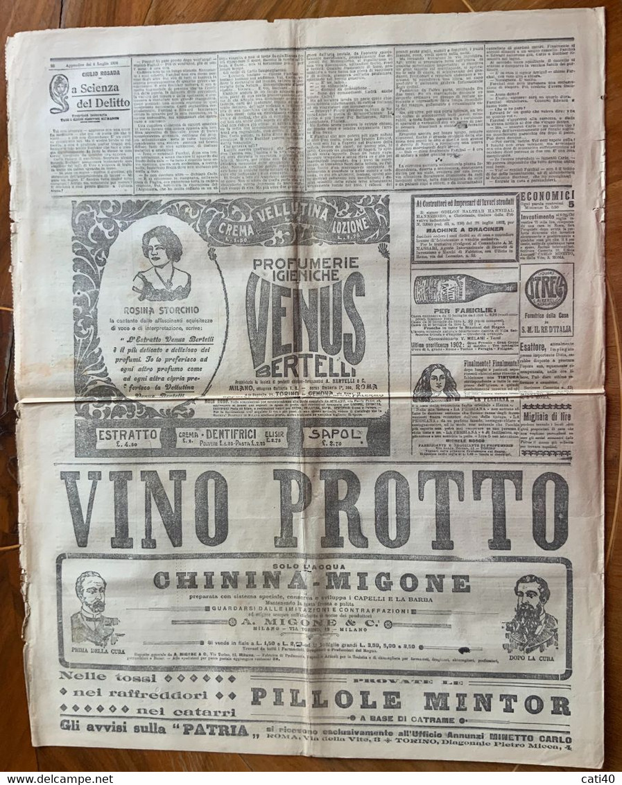 LA PATRIA - CORRIERE D'ITALIA Del 5/7/1904  PER LA DIFESA NAZIONALE...VINO PROTTO ED ALTRE INSERZIONI PUBBLICITARIE ... - First Editions