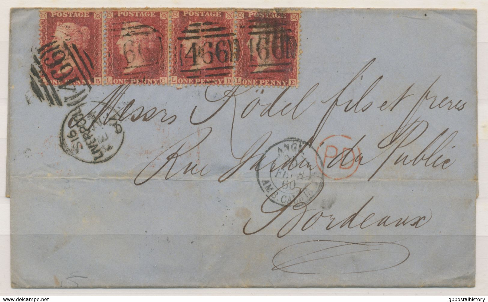 GB 1860 QV 1d Stars (strip Of Four: LB-LE, VARIETIES: Red Dots In Lettering Of LC-LD, R!) Tied By Duplex LIVERPOOL / 466 - Briefe U. Dokumente