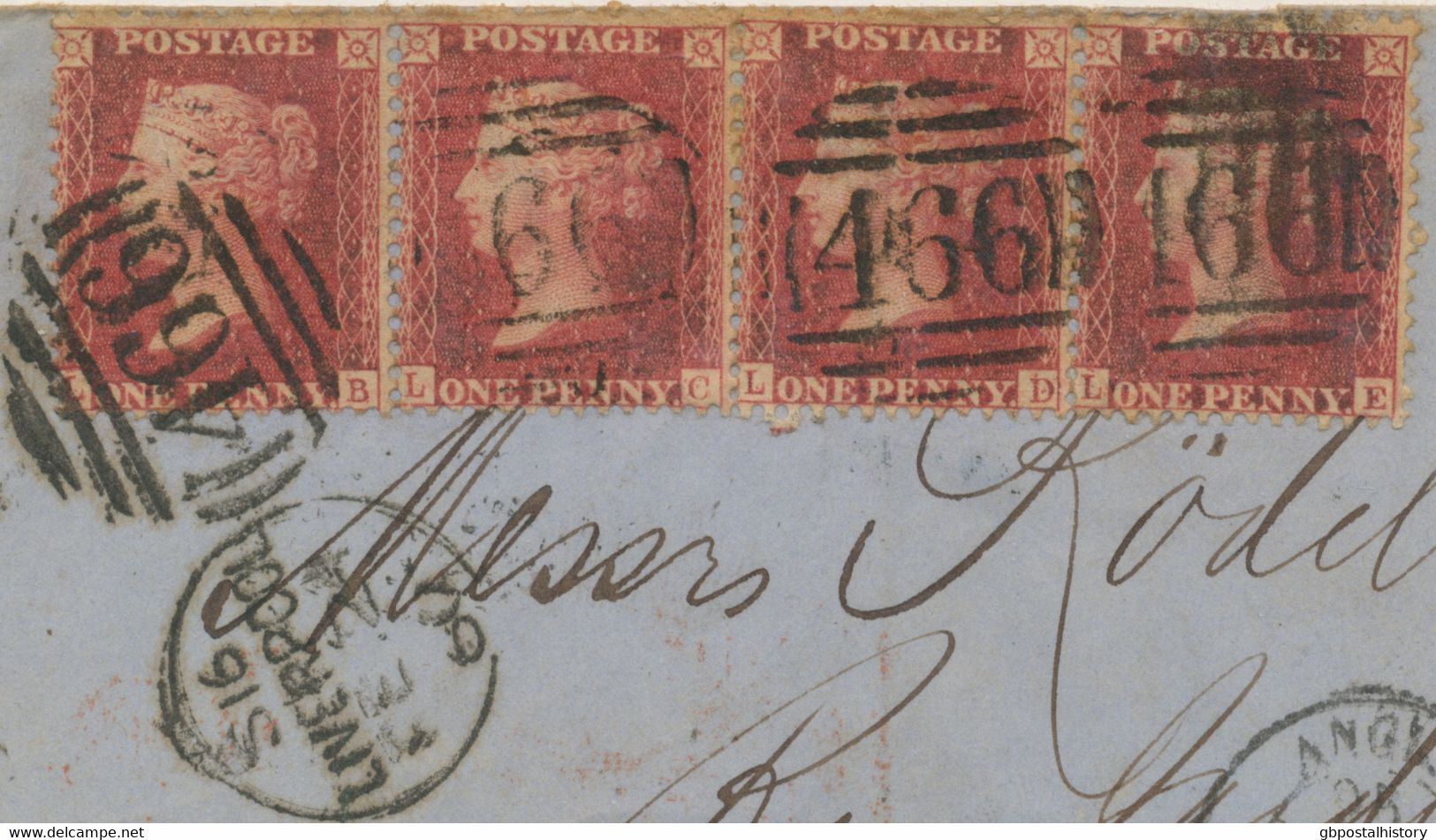 GB 1860 QV 1d Stars (strip Of Four: LB-LE, VARIETIES: Red Dots In Lettering Of LC-LD, R!) Tied By Duplex LIVERPOOL / 466 - Briefe U. Dokumente