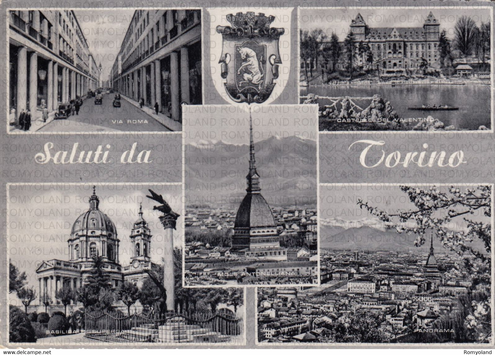 CARTOLINA  TORINO,PIEMONTE,VIA ROMA-MOLE ANTONELLIANA-PANORAMA-BASILICA SUPERGA-CASTELLO DI VALENTINO-VIAGGIATA 1955 - Mole Antonelliana