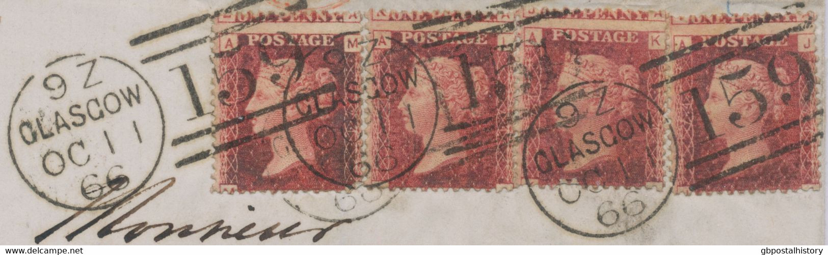 GB 1866, QV 1d Red Pl.74 (4 X: MA, LA, KA, JA – All Four MAJOR VARIETIES: HEAVY MISPERFORATED: ONE PENNY On TOP- Reading - Covers & Documents