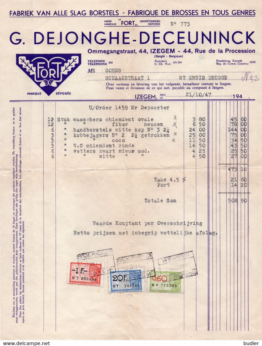 1947 : Factuur Van ## G. DEJONGHE-DE CEUNINCK,Ommegangstraat, 44, IZEGEM ## Aan ## Mr. GOENS, Schaakstraat, 1, St. KRUIS - Profumeria & Drogheria