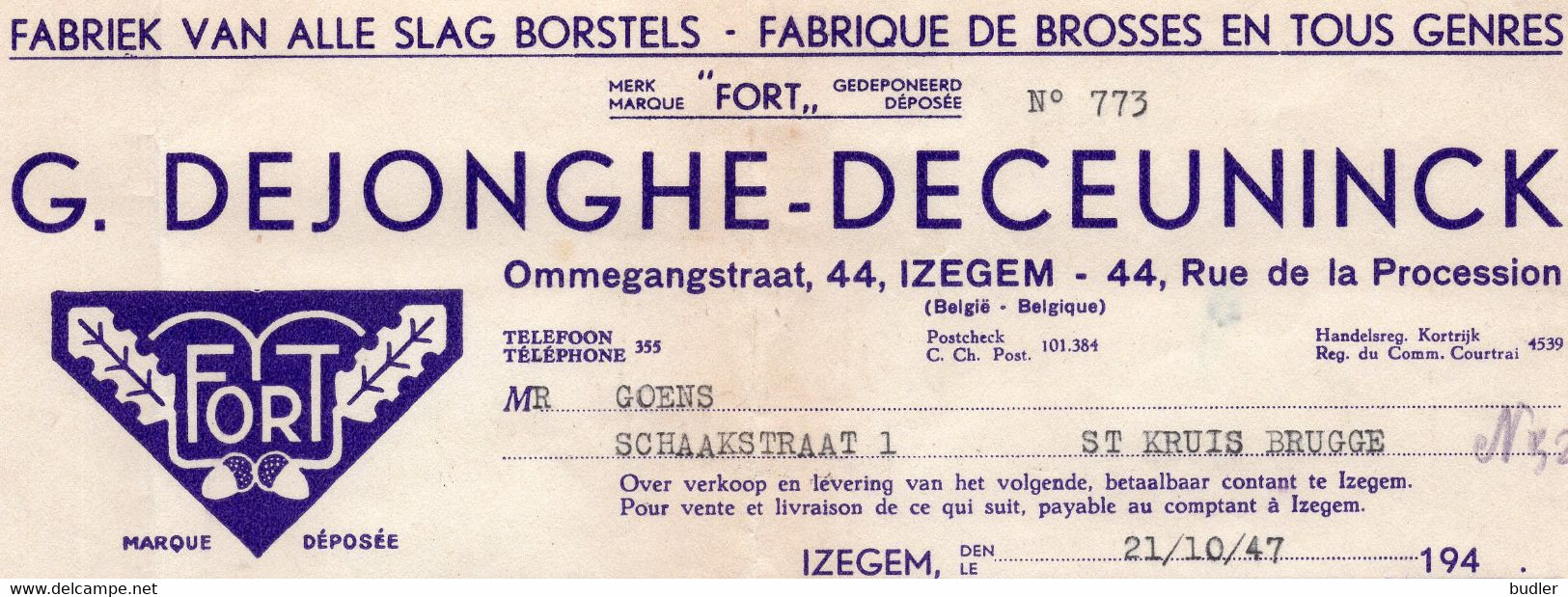 1947 : Factuur Van ## G. DEJONGHE-DE CEUNINCK,Ommegangstraat, 44, IZEGEM ## Aan ## Mr. GOENS, Schaakstraat, 1, St. KRUIS - Perfumería & Droguería