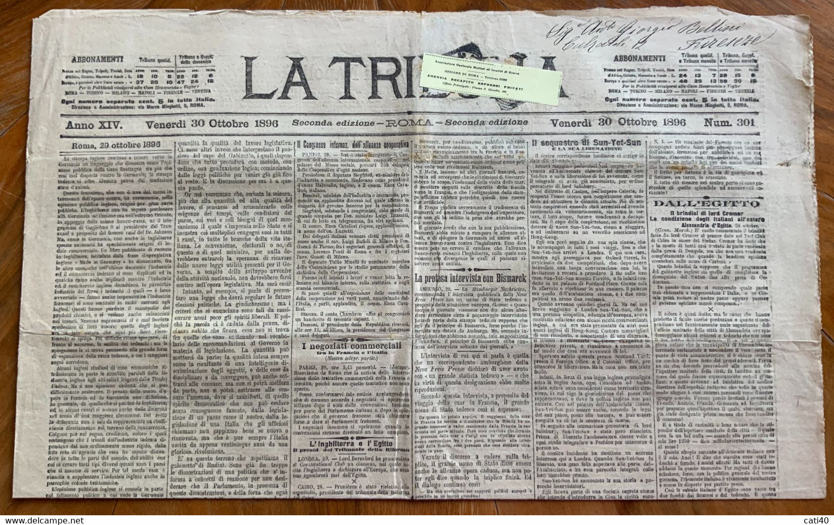 GIORNALE  LA TRIBUNA Del 30/10/1896  Completo E Con  RARE INSERZIONI PUBBLICITARIE ... - First Editions