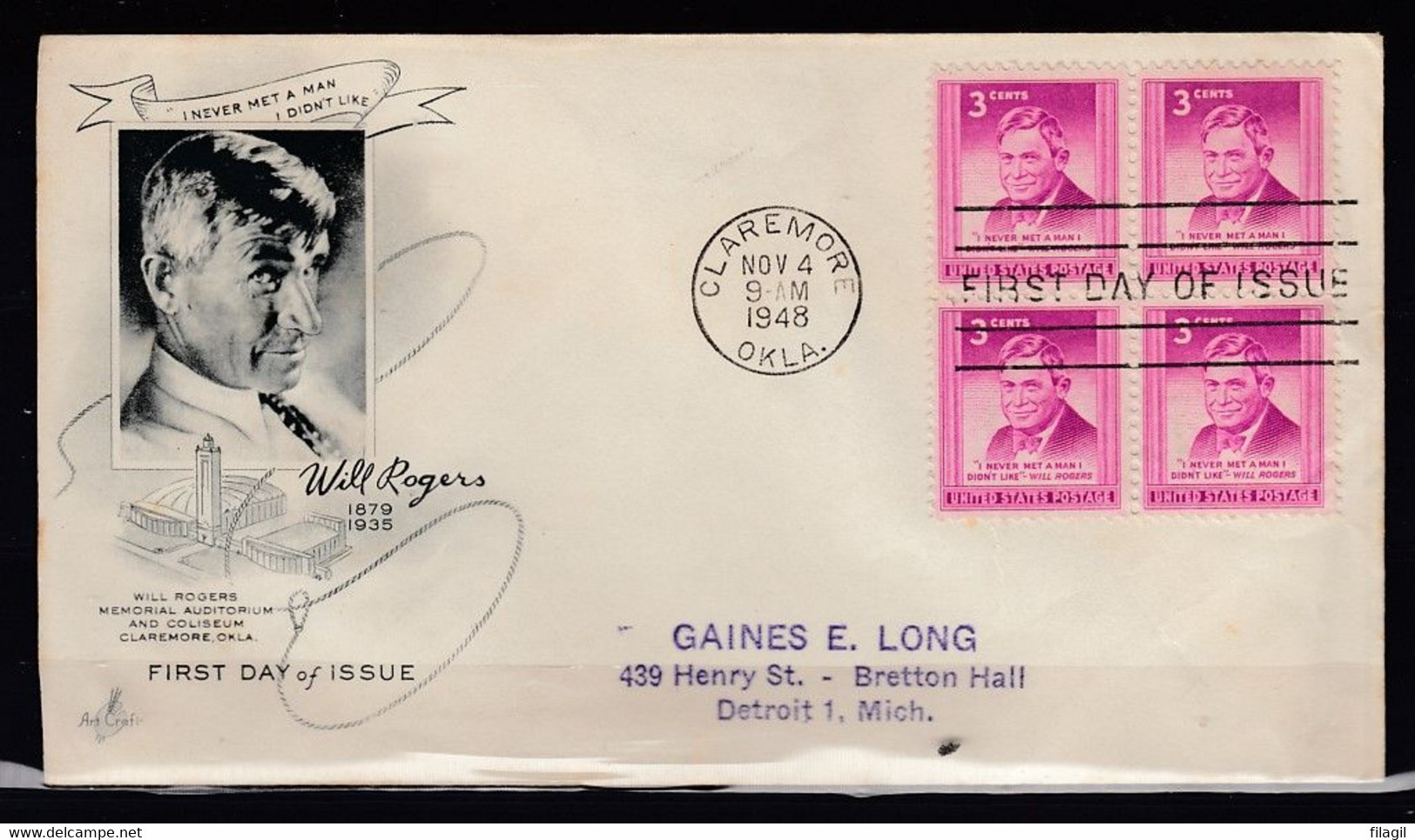 FDC Will Rogers Claremore Okla First Day Of Issue - 1941-1950