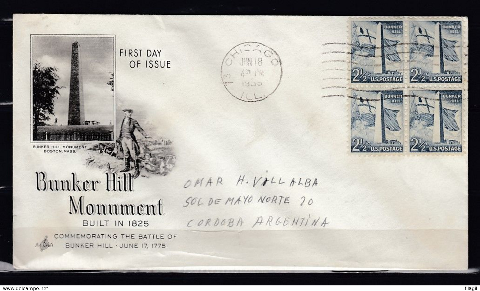 FDC Bunker Hill Momument Chicago Ill First Day Of Issue - 1951-1960