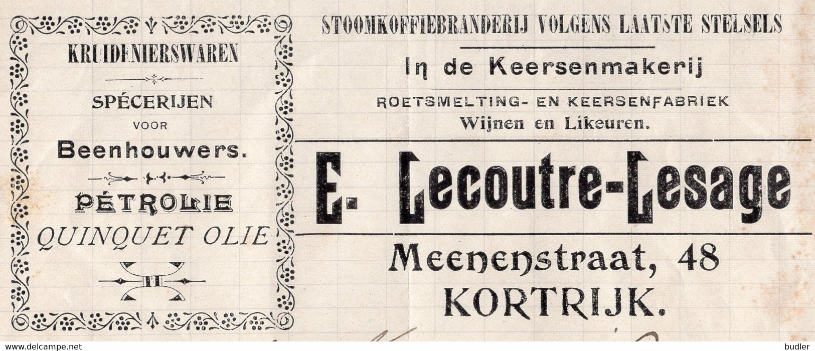 Factuur Van ## E. LECOUTRE-LESAGE« In De Keersenmakerij », Meenenstraat, 48, KORTRIJK ## Aan ## Mr. MASUREEL, ... - Alimentos