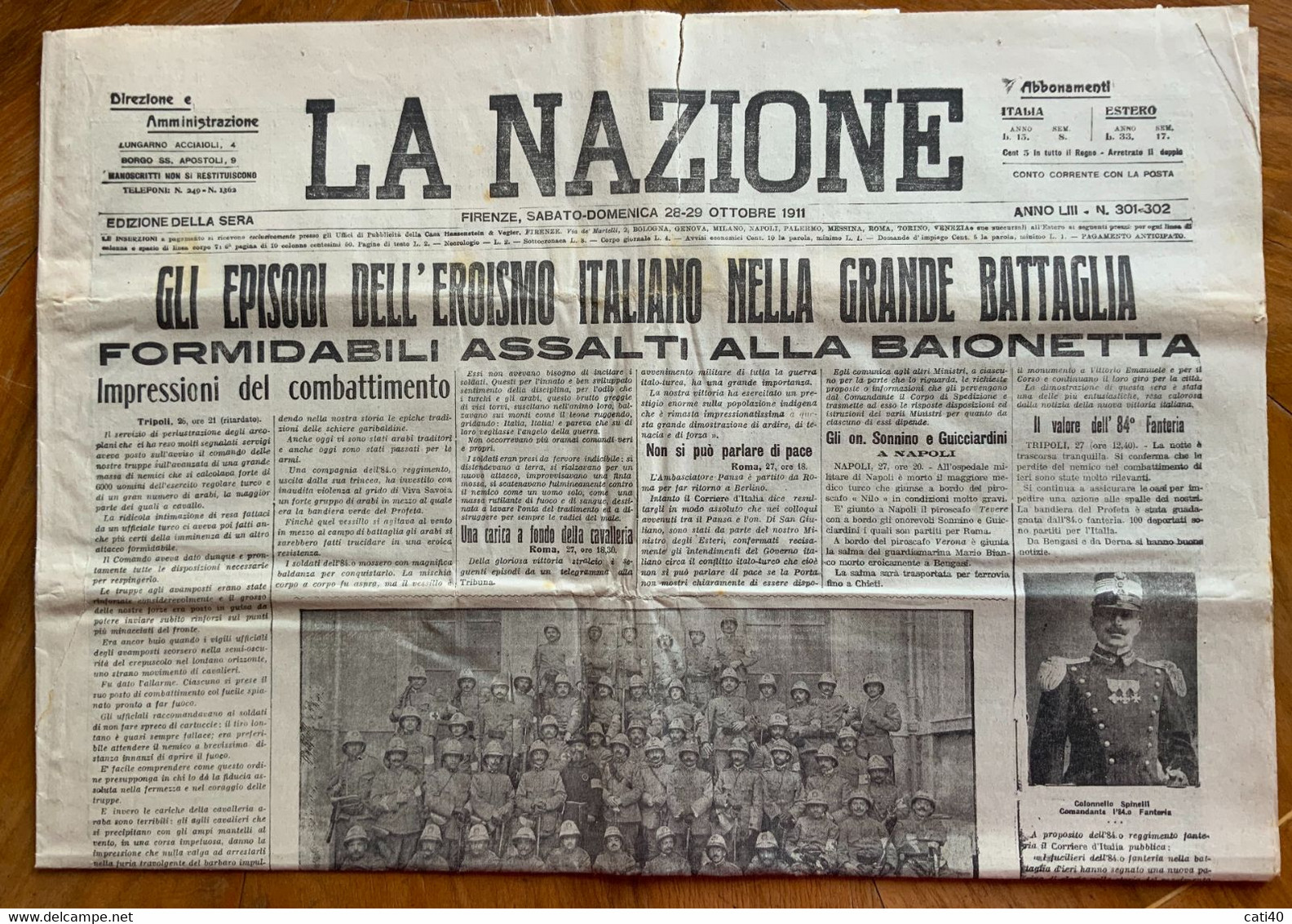 GUERRA ITALO-TURCA - LA NAZIONE Del 28-29/10/1911 EROISMO ITALIANO NELLA GRANDE BATTAGLIA ..ASSALTI ALLA BAIONETTA.. - Prime Edizioni
