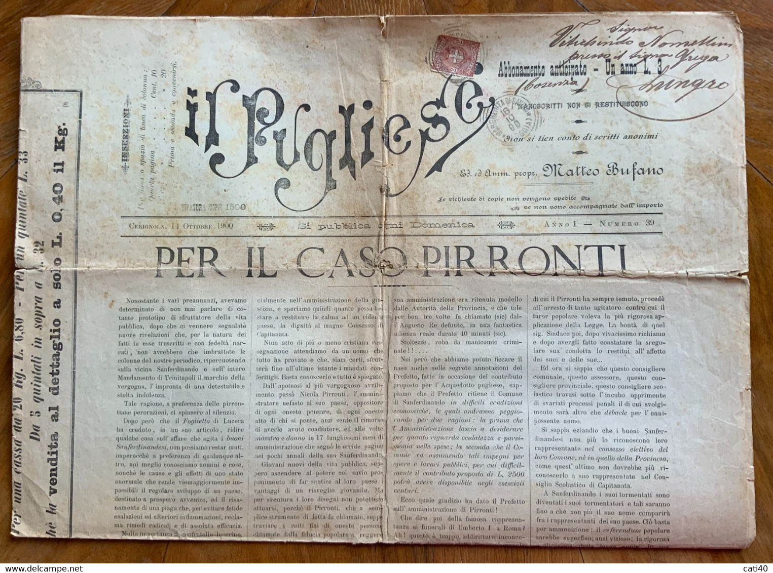 CERIGNOLA - IL PUGLIESE Del 14/10/1900 ..IL CASO PIRRONTI.. Da MARGHERITA DI SAVOIA *(FOGGIA)*  CON PUBBLICITA' RARA - First Editions