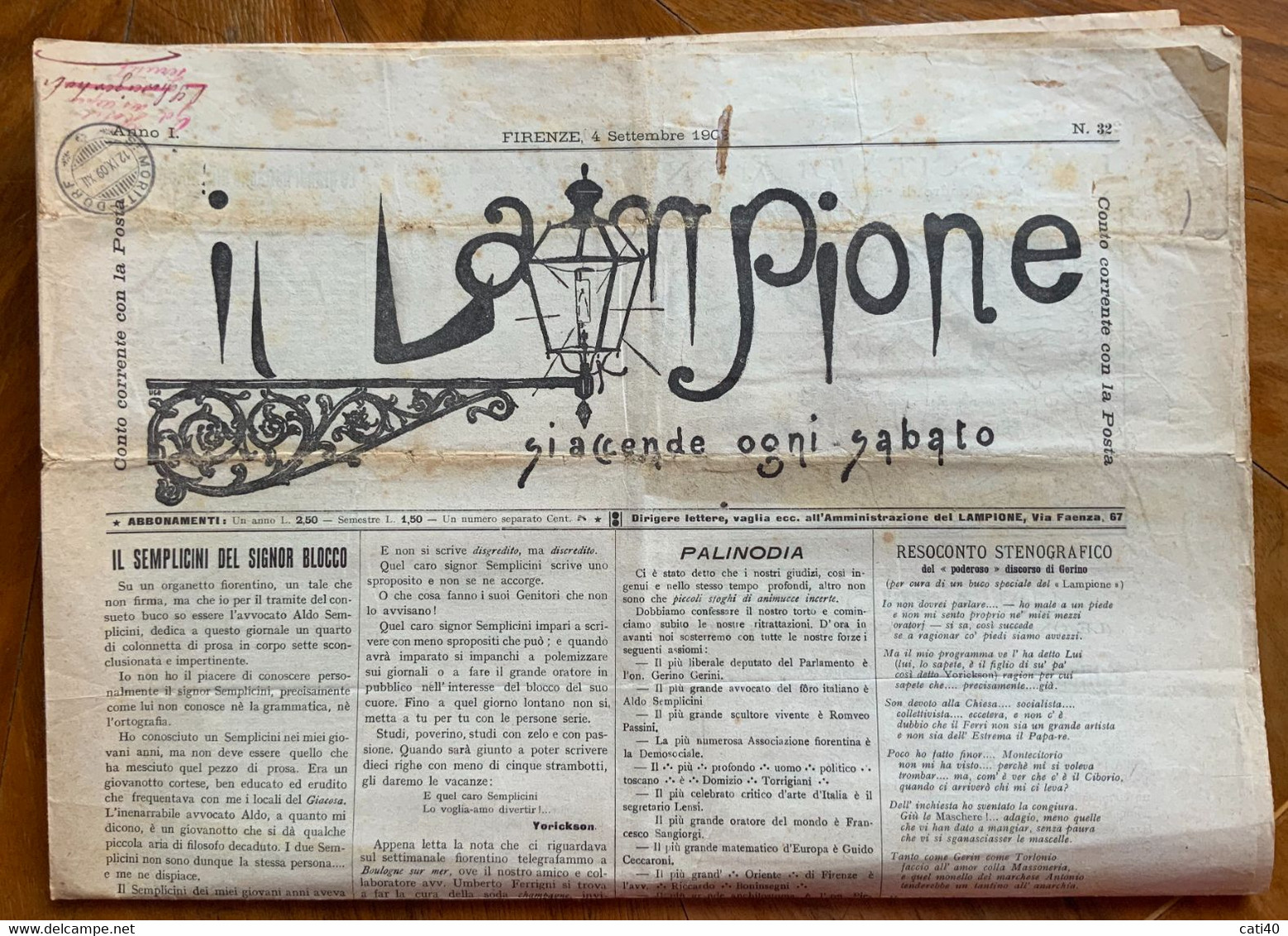 IL LAMPIONE SI ACCENDE OGNI SABATO Del 4/9/1909 Cronache Toscane.. CON PUBBLICITA' RARA E Timbro Di ST.MORITZ-DORF - Premières éditions